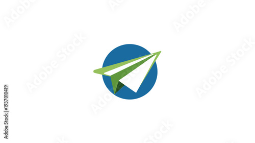 Modern vector illustration of a paper airplane, emerging from a blue circle on a white background