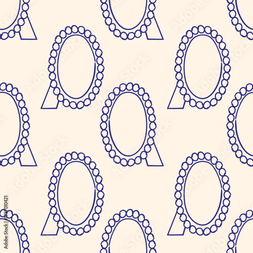 hand drawn oval mirror seamless pattern with beaded frame, vintage decorative mirror doodle illustration, repeating home decor element in blue line art on beige background