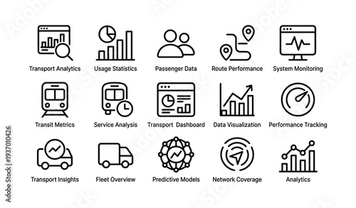Transport analytics icons set featuring usage, passenger, and route performance metrics