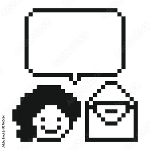 Cartoon woman girl message say speak chat box bubble with 8bit,feedback,review,think,pixel.