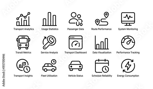 Transport analytics and system monitoring icons for data visualization and performance tracking