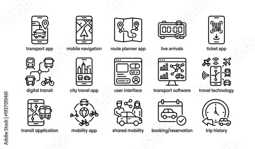 Transportation technology icons for mobile apps and software