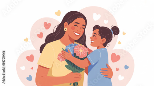 Happy mother and daughter sharing a warm hug with flowers and hearts