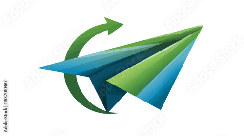 A paper airplane with a green curved arrow; it's a 3D-effect graphic on a white background