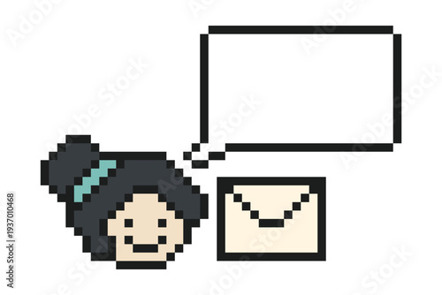 Cartoon woman girl message say speak chat box bubble with 8bit,feedback,review,think,pixel.