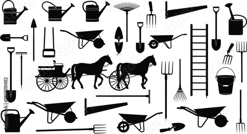 garden, tool, agriculture, silhouette, wheelbarrow, shovel, farm, vector, watering, carriage, horse, equipment, rural, rake, ladder, garden tools, agricultural equipment, wheelbarrow vector, watering 