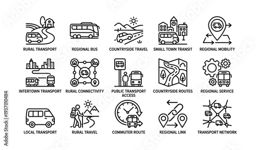 Comprehensive set of icons representing rural and regional transport services