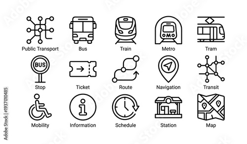 Public transport icons set: bus, train, metro, tram, route, schedule, mobility, station, map