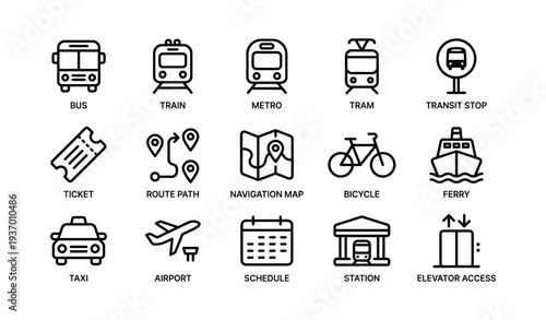 Transportation icons set: bus, train, metro, tram, bicycle, ferry, taxi, airport, station