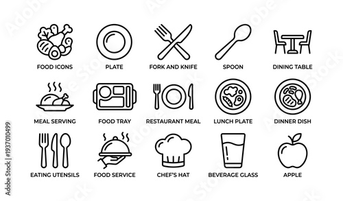 Collection of food and dining icons featuring diverse utensils and meals