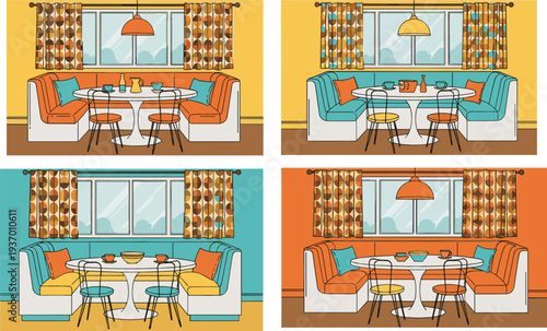 Professional collection of vintage mid century modern breakfast nook dining furniture sets with colorful corner booths and retro patterned curtains for interior design.