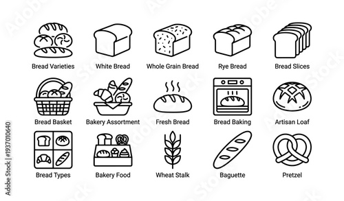 Bread icon collection featuring varieties, whole grain, rye, fresh loaves, and bakery symbols