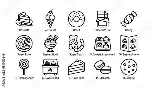Illustrated dessert icons set featuring cake, ice cream, donut, candy, and more