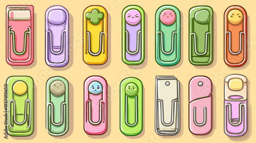 Colorful illustrated collection of various paperclip-like shapes, each adorned with a distinct face or design
