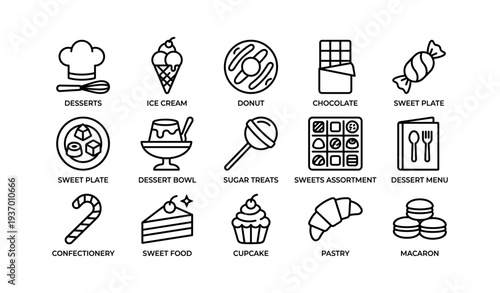 Assorted dessert icons: ice cream, donut, chocolate, candy, cupcake, pastry, macaron, chef hat