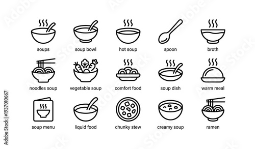 Soup icons set: noodle, vegetable, bowl, spoon, broth, ramen, comfort food, warm meal
