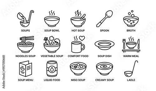 Variety of soup icons: noodles, broth, vegetable soup, comfort food, ladle illustrations