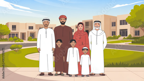 Middle eastern family in traditional attire standing together outdoors in a suburban neighborhood