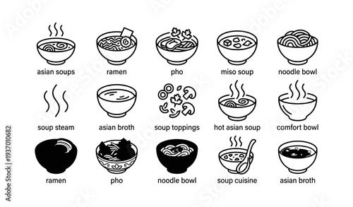 Variety of asian soups: ramen, pho, miso, and noodle bowls with toppings