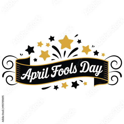 April Fools Day Banner With Stars and Swirls ribbon