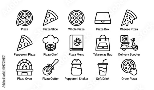 Pizza icons: slices, boxes, and chef symbols for menus and delivery