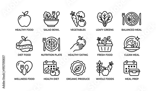 Icons illustrating healthy eating with fresh produce and balanced meals