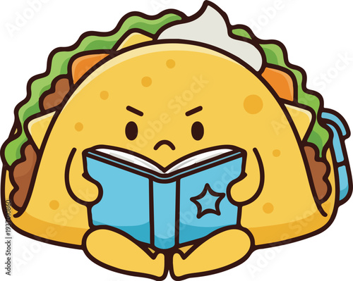 Focused or angry kawaii taco character sitting and reading a blue book