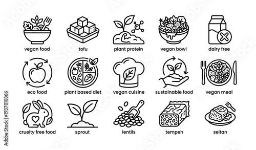 Vegan food icons highlighting tofu, plant protein, and dairy-free options