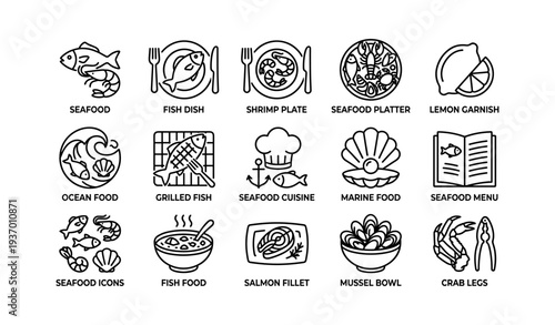 Seafood icon set: fish, shrimp, platters, shellfish, culinary elements
