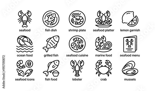 Seafood icons collection: fish, shrimp, crab, lobster, mussels with menu and garnish