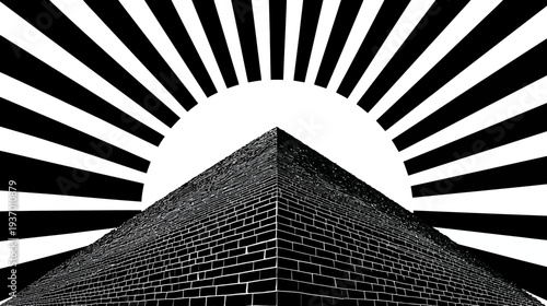A geometric illustration of a pyramid beneath a sunburst in shades of black and white