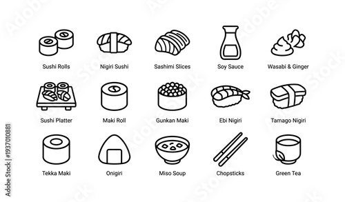 Variety of sushi icons featuring rolls, nigiri, and sashimi with traditional accompaniments