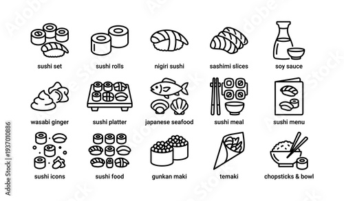 Sushi varieties: rolls, nigiri, sashimi, and accompaniments illustrated