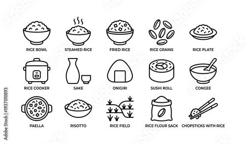 Variety of rice dishes and cooking icons