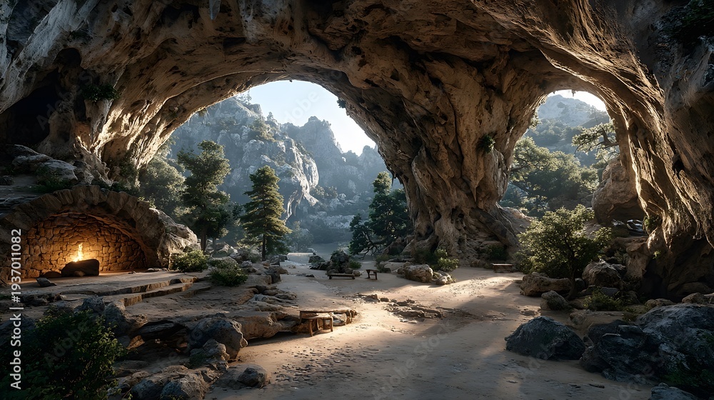 Obraz premium An enchanting landscape unfolds from inside a cavernous grotto. Nature's architectural marvel