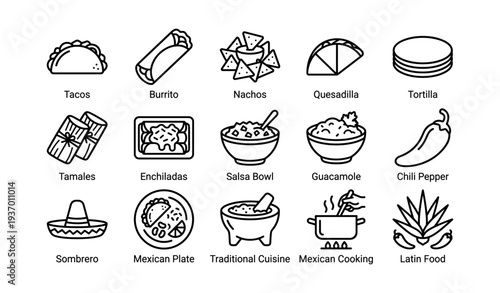 Mexican cuisine icons: tacos, burrito, nachos, quesadilla, tortilla illustrations