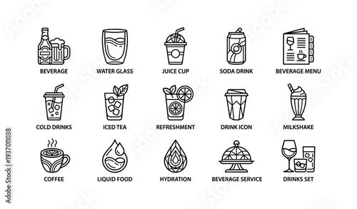 Assorted beverage icons: coffee, juice, soda, milkshake, and drink glasses in line art