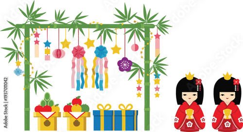 Traditional Japanese Tanabata Star Festival elements with bamboo branches colorful paper decorations hanging ornaments kokeshi dolls and seasonal offerings isolated on white background vector
