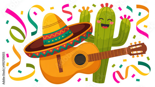 Vibrant cartoon cactus wearing sombrero with guitar celebrating festive mexican culture with colorful confetti