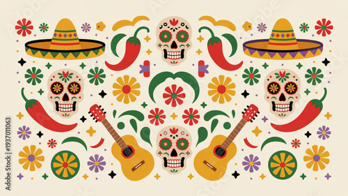 Vibrant day of the dead pattern with skulls sombreros guitars flowers and chili peppers on cream background
