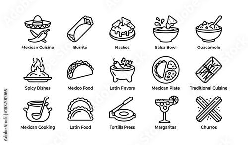 Mexican cuisine icons featuring burrito, nachos, salsa, and churros illustrations