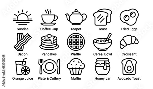 Breakfast icons: coffee, teapot, toast, eggs, bacon, pancakes, waffle, cereal, croissant