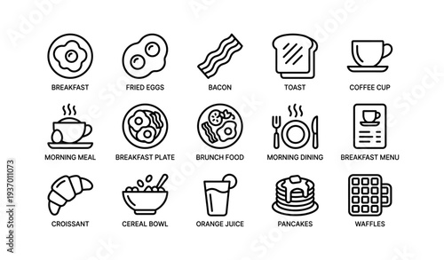 Breakfast icons: fried eggs, bacon, toast, coffee cup, pancakes, waffles