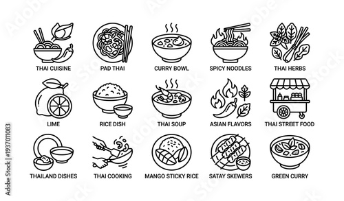 Thai cuisine icons: pad thai, curry, satay, mango sticky rice, herbs, thai street food