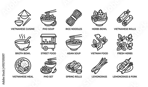 Vietnamese cuisine icons: pho, spring rolls, herbs, lemongrass, rice noodles