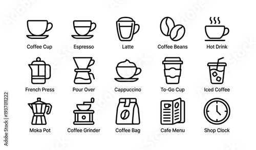 Coffee icons set featuring cups, beans, and brews including espresso and cappuccino