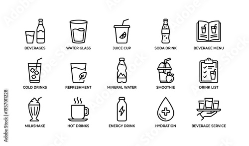 Collection of beverage icons: water, soda, juice, and more