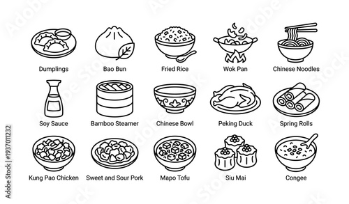 Asian cuisine icons: dumplings, bao bun, fried rice, wok pan, noodles
