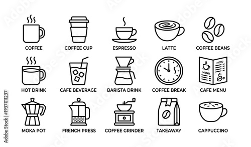 Icons of coffee: espresso, latte, moka pot, and cafe menu symbols