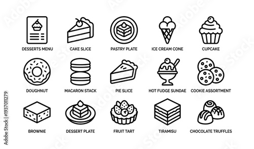 Set of dessert icons: cake, ice cream, cupcake, doughnut, more